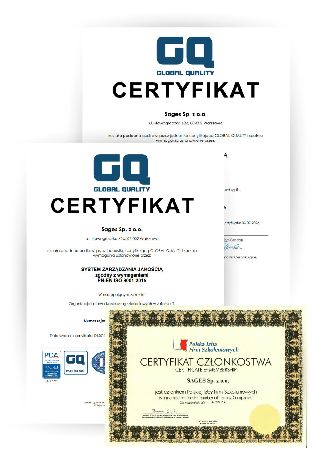 Zdjęcia trzech certyfikatów: członkostwa w Poskiej Izbie Firm Szkoleniowych oraz ISO 9001:2015 w zakresie organizacji i prowadzenia usług szkoleniowych IT oraz wdrażania i doradztwa w obszarze wysoce specjalistycznych usług IT